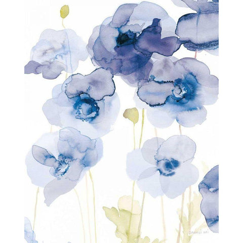 Delicate Poppies III Blue Black Modern Wood Framed Art Print with Double Matting by Nai, Danhui