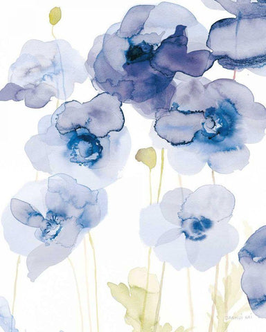 Delicate Poppies III Blue White Modern Wood Framed Art Print with Double Matting by Nai, Danhui
