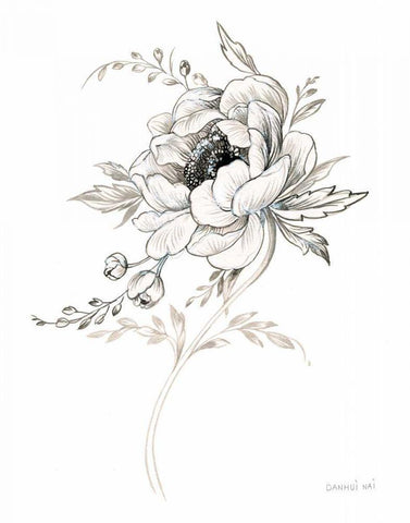 Sketchbook Garden VIII BW White Modern Wood Framed Art Print with Double Matting by Nai, Danhui