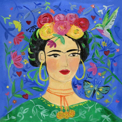 Frida Blue White Modern Wood Framed Art Print by Zaman, Farida