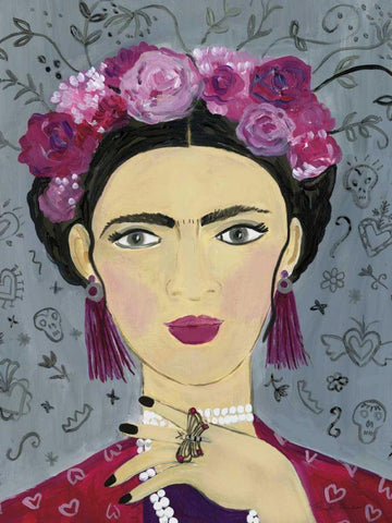 Frida Gray Black Ornate Wood Framed Art Print with Double Matting by Zaman, Farida