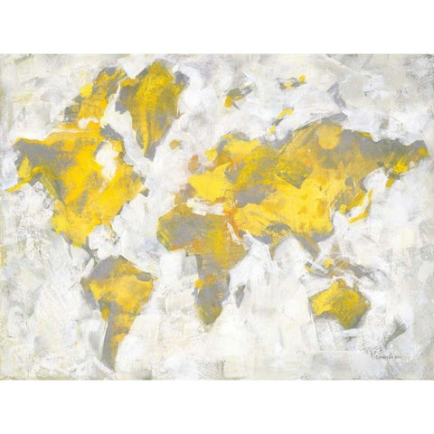 World Map Yellow Gray Gold Ornate Wood Framed Art Print with Double Matting by Nai, Danhui