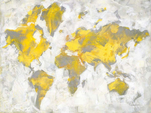 World Map Yellow Gray White Modern Wood Framed Art Print with Double Matting by Nai, Danhui