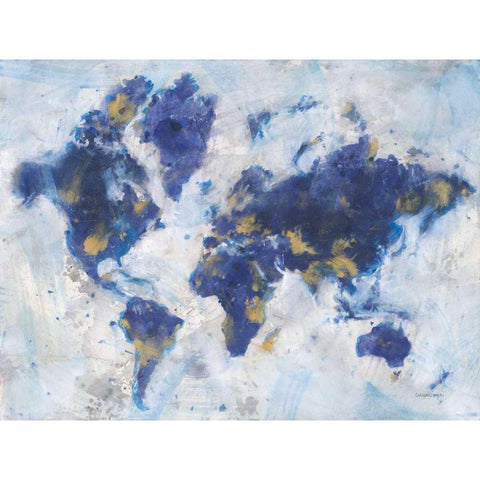 Indigo World Map Black Modern Wood Framed Art Print with Double Matting by Nai, Danhui