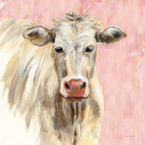 White Cow on Pink Gold Ornate Wood Framed Art Print with Double Matting by Vassileva, Silvia