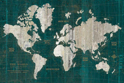 Old World Map Teal White Modern Wood Framed Art Print with Double Matting by Wild Apple Portfolio