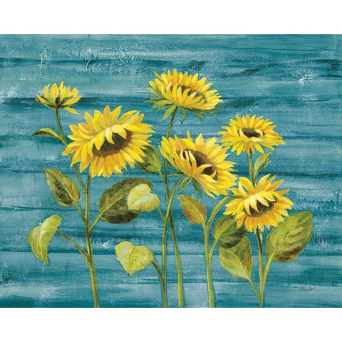 Cottage Sunflowers Teal Gold Ornate Wood Framed Art Print with Double Matting by Vassileva, Silvia