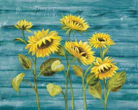 Cottage Sunflowers Teal White Modern Wood Framed Art Print with Double Matting by Vassileva, Silvia