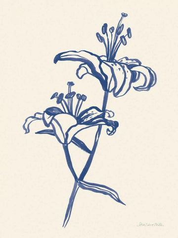 Ink Lilies I Blue White Modern Wood Framed Art Print with Double Matting by Miller, Sara Zieve