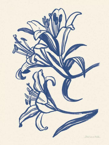 Ink Lilies II Blue White Modern Wood Framed Art Print with Double Matting by Miller, Sara Zieve