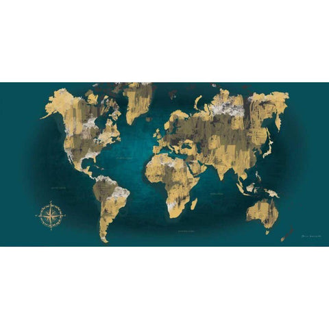 Sketched World Map Blue Crop Gold Ornate Wood Framed Art Print with Double Matting by Escalante, Omar