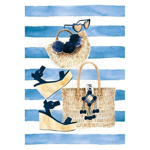 Beach Glam I Navy on Stripes Black Modern Wood Framed Art Print with Double Matting by Charro, Mercedes Lopez