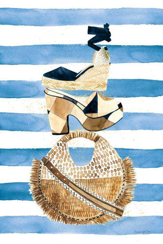 Beach Glam II Navy on Stripes White Modern Wood Framed Art Print with Double Matting by Charro, Mercedes Lopez