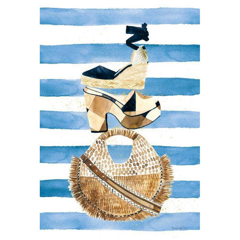 Beach Glam II Navy on Stripes Black Modern Wood Framed Art Print with Double Matting by Charro, Mercedes Lopez