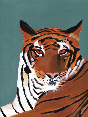 Colorful Tiger on Teal Black Ornate Wood Framed Art Print with Double Matting by Munger, Pamela