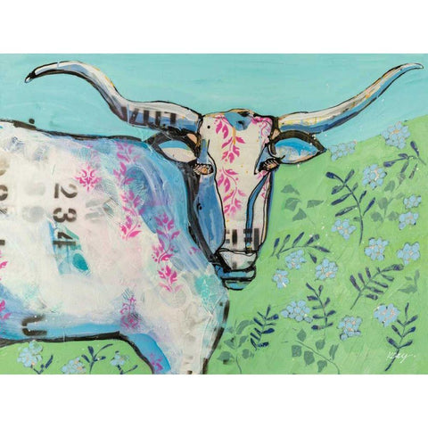 Longhorn in the Field Black Modern Wood Framed Art Print with Double Matting by Day, Kellie