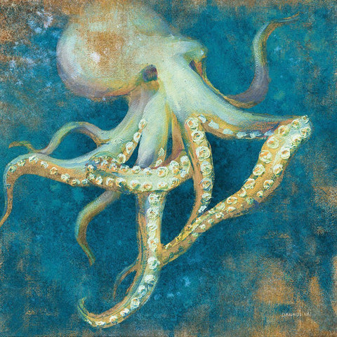 Ocean Octopus White Modern Wood Framed Art Print with Double Matting by Nai, Danhui