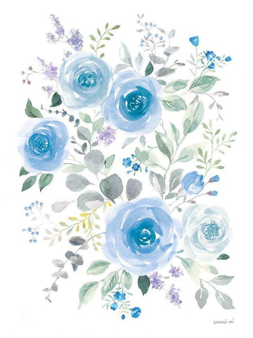 Lush Roses I Blue White Modern Wood Framed Art Print with Double Matting by Nai, Danhui