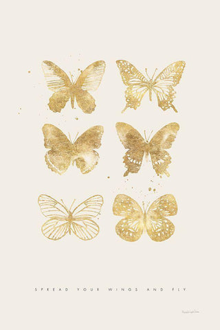 Six Gold Butterflies White Modern Wood Framed Art Print with Double Matting by Charro, Mercedes Lopez