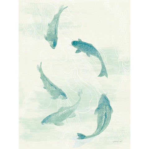 Celadon Koi I Black Modern Wood Framed Art Print with Double Matting by Nai, Danhui