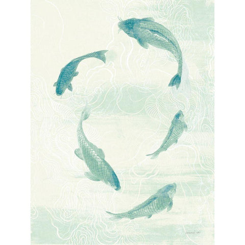 Celadon Koi II Black Modern Wood Framed Art Print with Double Matting by Nai, Danhui