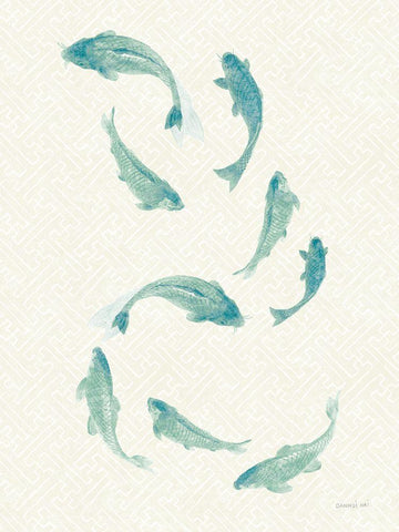 Celadon Koi III White Modern Wood Framed Art Print with Double Matting by Nai, Danhui