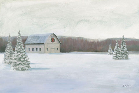 Holiday Winter Barn White Modern Wood Framed Art Print with Double Matting by Wiens, James