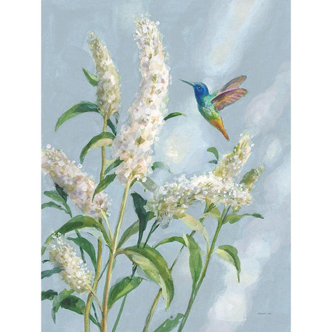 Hummingbird Spring II Soft Blue Gold Ornate Wood Framed Art Print with Double Matting by Nai, Danhui