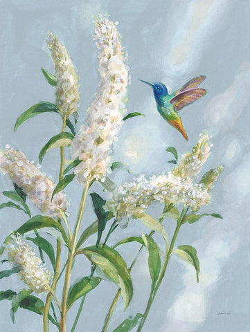 Hummingbird Spring II Soft Blue White Modern Wood Framed Art Print with Double Matting by Nai, Danhui