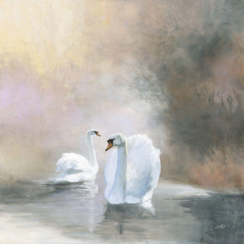 Swans in Mist Black Ornate Wood Framed Art Print with Double Matting by Purinton, Julia