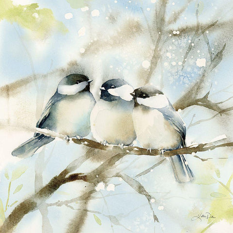Three Chickadees in Spring Sq Black Ornate Wood Framed Art Print with Double Matting by Pete, Katrina