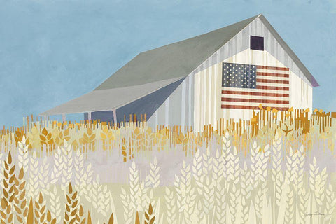 Wheat Fields Barn with Flag White Modern Wood Framed Art Print with Double Matting by Tillmon, Avery