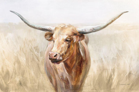 Big Sky Longhorn Neutral White Modern Wood Framed Art Print with Double Matting by Nai, Danhui