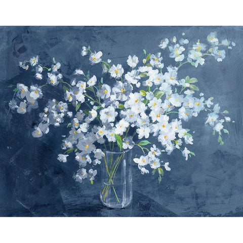 Fresh White Bouquet Dark Blue Gold Ornate Wood Framed Art Print with Double Matting by Nai, Danhui