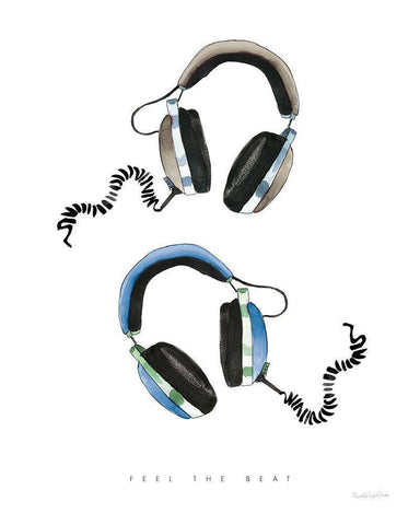 Headphones Love Blue Gray White Modern Wood Framed Art Print with Double Matting by Charro, Mercedes Lopez