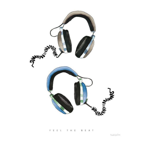 Headphones Love Blue Gray White Modern Wood Framed Art Print by Charro, Mercedes Lopez