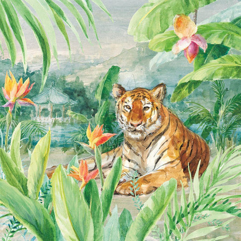 Lounging Tiger White Modern Wood Framed Art Print with Double Matting by Nai, Danhui