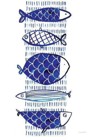 Blue Fish I White Modern Wood Framed Art Print with Double Matting by Charro, Mercedes Lopez