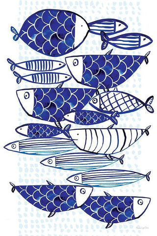 Blue Fish III White Modern Wood Framed Art Print with Double Matting by Charro, Mercedes Lopez