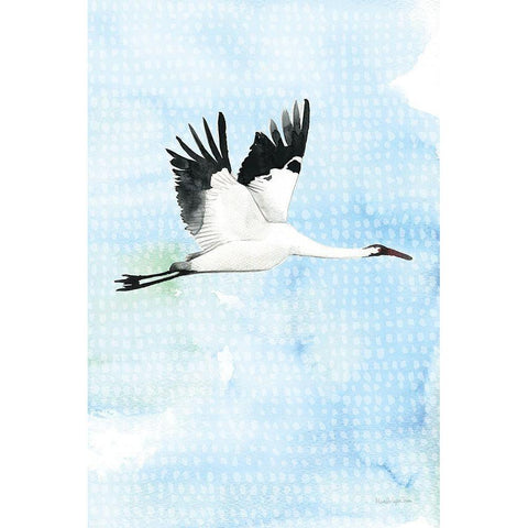 Crane in Flight I White Modern Wood Framed Art Print by Charro, Mercedes Lopez