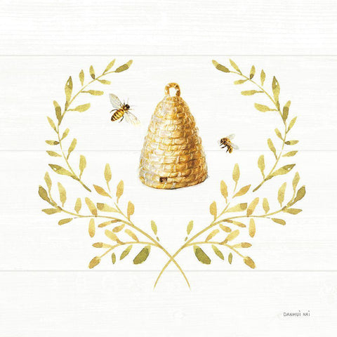 Bees and Blooms Skep Laurel White Modern Wood Framed Art Print by Nai, Danhui