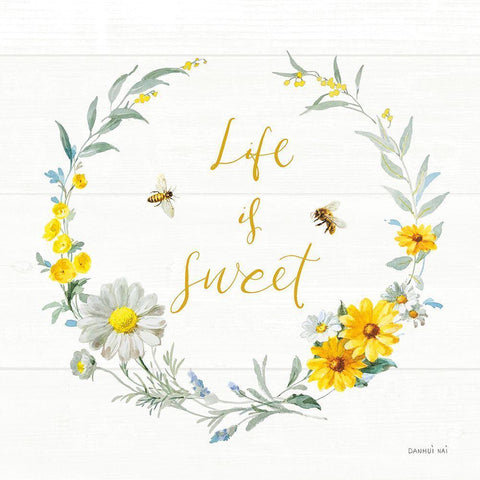 Bees and Blooms_Life is Sweet Wreath White Modern Wood Framed Art Print with Double Matting by Nai, Danhui