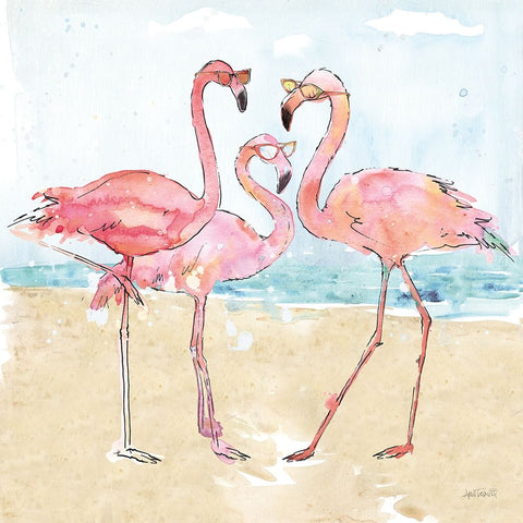 Flamingo Fever Beach White Modern Wood Framed Art Print with Double Matting by Tavoletti, Anne