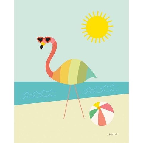 Beach Flamingo White Modern Wood Framed Art Print by Kelle, Ann