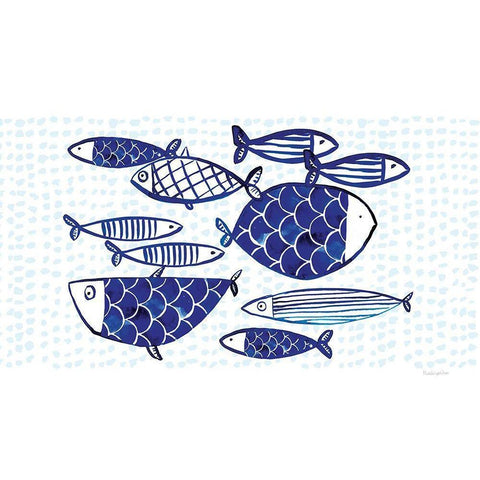 Blue Fish IV White Modern Wood Framed Art Print by Charro, Mercedes Lopez