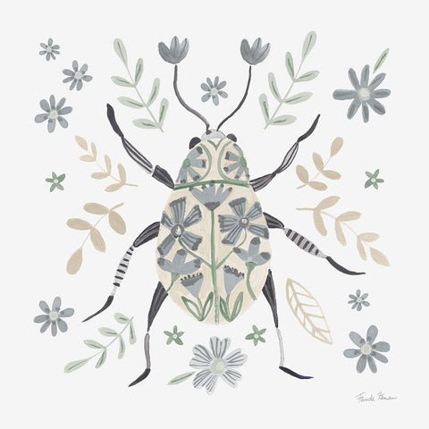 Folk Beetle II Neutral White Modern Wood Framed Art Print by Zaman, Farida