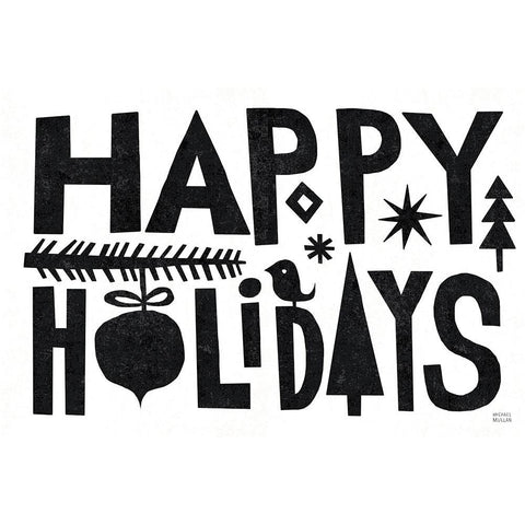 Christmas Whimsy Happy Holidays Black Black Modern Wood Framed Art Print with Double Matting by Mullan, Michael