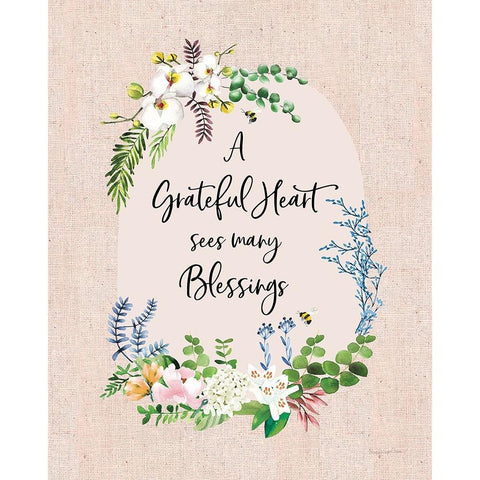 Gratitude Flowers I Linen White Modern Wood Framed Art Print by Charro, Mercedes Lopez