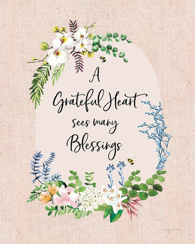 Gratitude Flowers I Linen Black Ornate Wood Framed Art Print with Double Matting by Charro, Mercedes Lopez