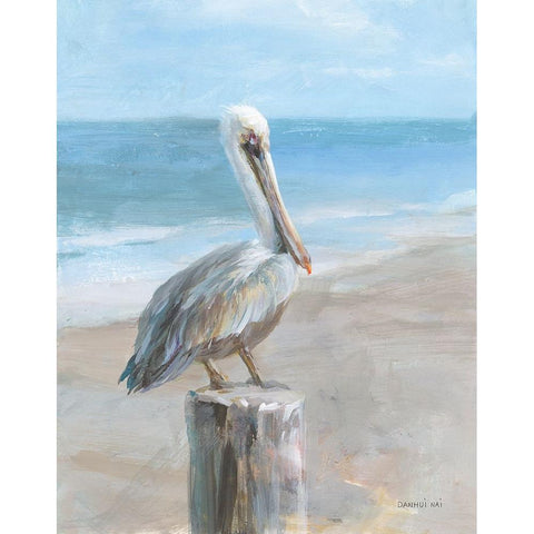 Pelican by the Sea White Modern Wood Framed Art Print by Nai, Danhui